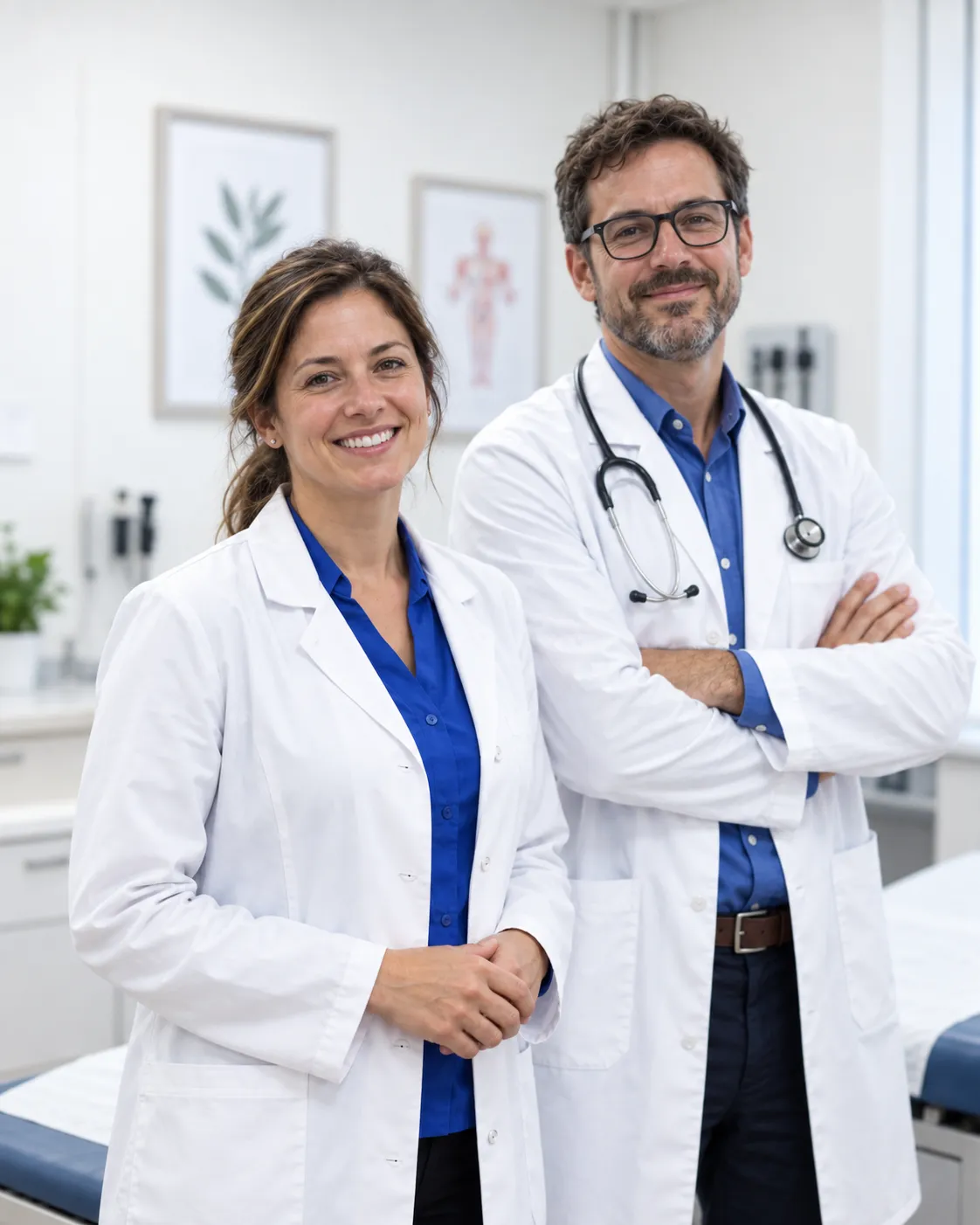 A smiling physician and dentist in white coats standing together in a clinic